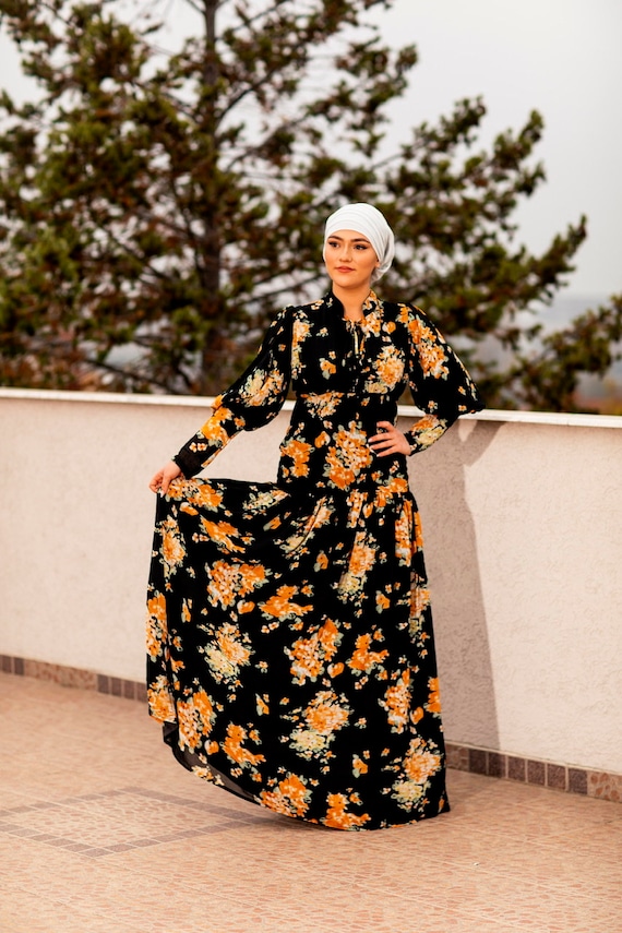 Black Floral Dress, Summer Dress, Bridal Dress, Maxi Long Dress, Ladies Dress, Colourful Dress,