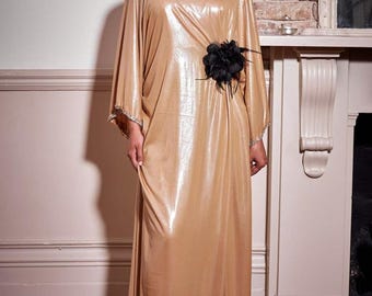 slim fit dress slacks Gold Metallic Long Sleeve Gown With Bow