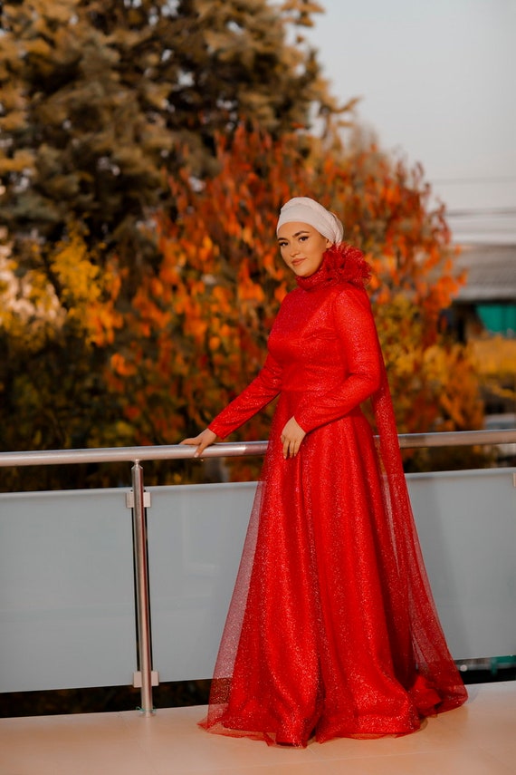 Beautiful dress in a Red spots Bleached Tulle, Red Tulle Dress, Hen Party Dress, Bridal Dress, Ladies Maxi Dress, Modest Dress,