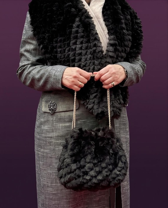 Grey Pencil Maxi Dress with fur shoulder shrug in Brown & Fur  Hand Bag