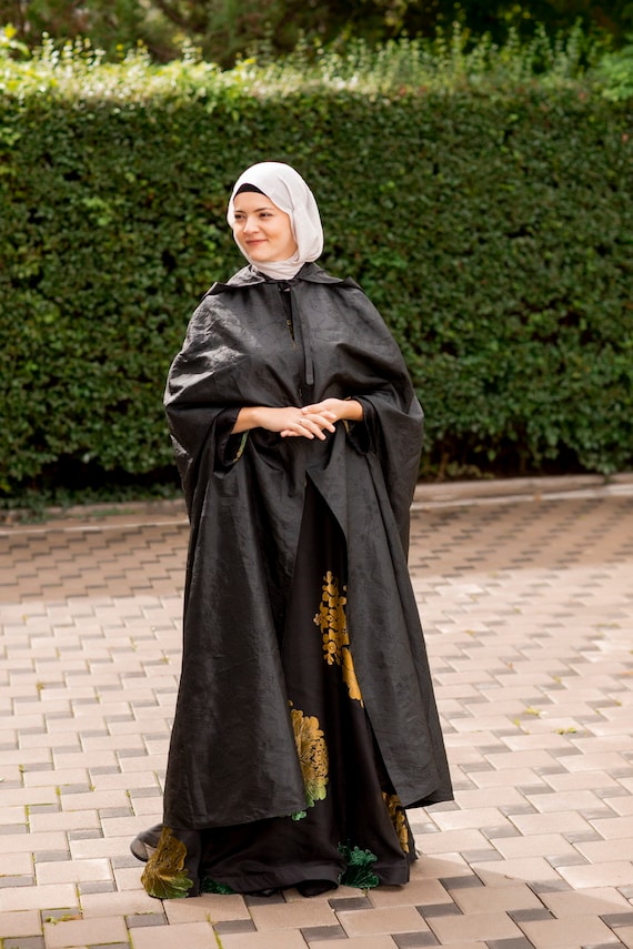 Ladies Casual Hooded Cape, Ladies, Womens, Black-Grey,