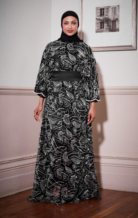 Embellished Black Tulle Maxi Dress: Satin Belt, Plus Size Available
