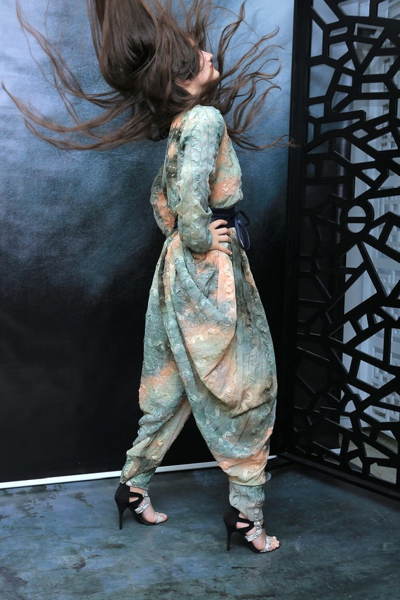 Rainbow Two Piece Set/ Brown Leather Belt, Green Top, Green Trousers, Green Wide Leg Trousers, Disco Party Trousers,