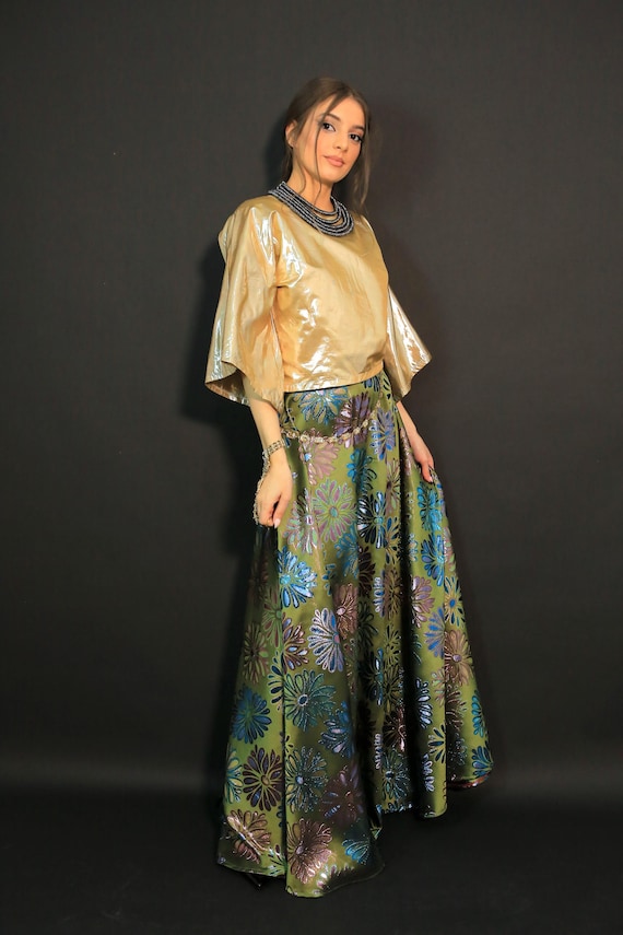 Womens High Waisted  A-line Swing Maxi Skirt Floral Brocade with Gold Satin Top