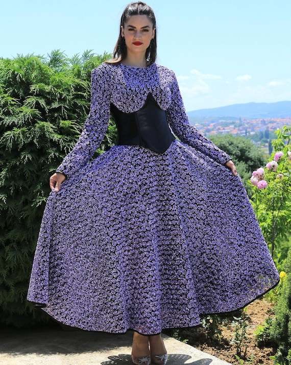 Purple Maxi Dress, Prom Dress, Wedding Dress, Floral Dress, Black Corset Dress,