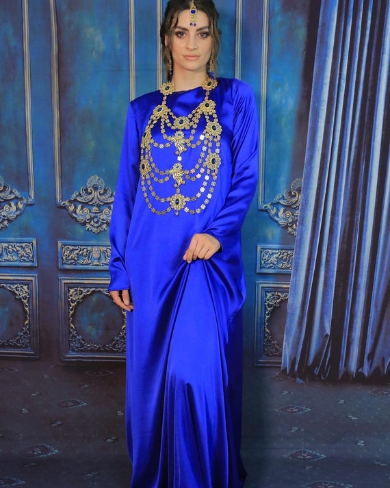 Long Satin Dress/ Blue Satin Dres/ Ottoman Style Dress