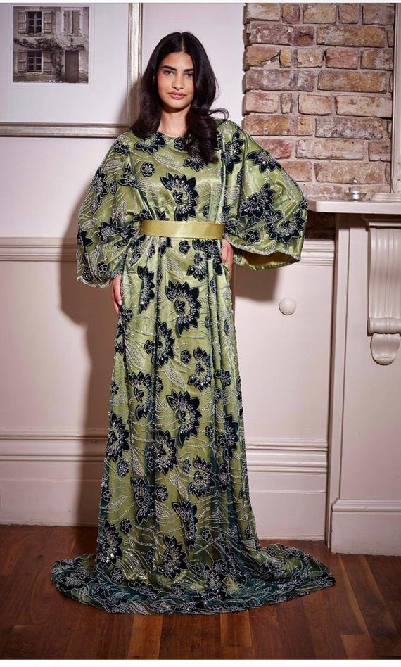 Embellished Sage Green Maxi Dress: Floral Beadwork, Luxe Gown