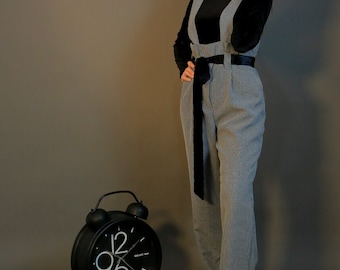 Cotton Wool Bland Suiting Jumpsuit / Black  Velvet Top/ Grey Jumpsuit/ Two Piece Jumpsuit/ Two Piece Trousers/