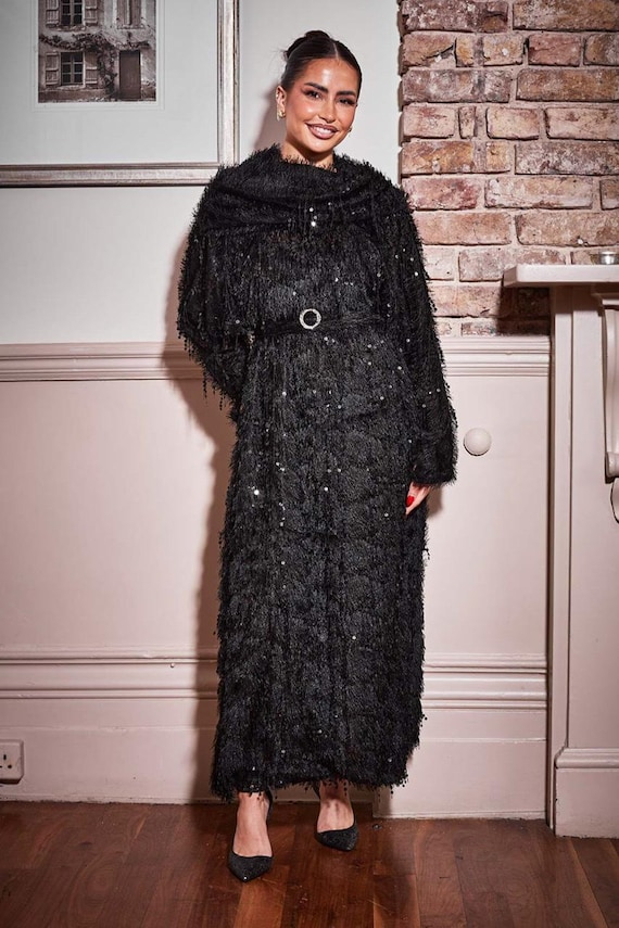Sequin /Feather /Maxi Dress-Black