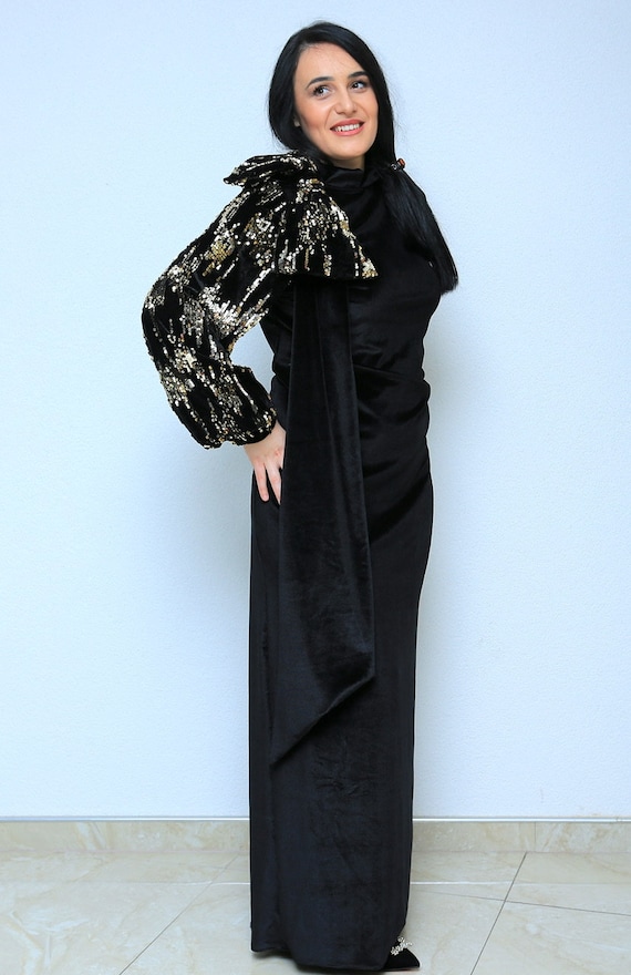 Black Velvet/Sequin Dress, Party Dress, Bridal Dress, Ladies Dress, Maxi Dress,  Sequin Dress,