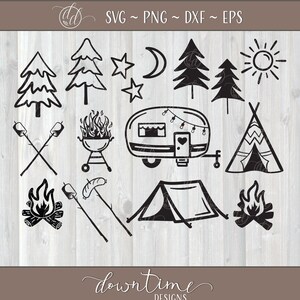 Puede incluir: Conjunto de imágenes prediseñadas de temática de camping en blanco y negro. Incluye una tienda de campaña, una caravana, una fogata, una parrilla, un tipi, árboles, estrellas, una luna y un sol.