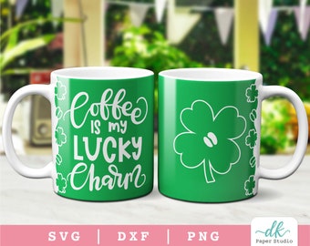 Cricut Mug Press SVG Template for Infusible Ink Sheet featuring a Coffee is my Lucky Charm Mug Wrap SVG Design