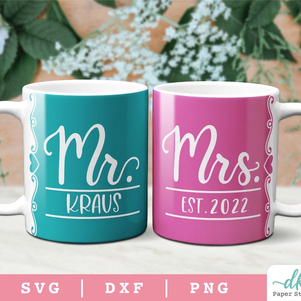 Cricut Mug Press SVG Template for Infusible Ink Sheet featuring a Mr. & Mrs. Mug Wrap SVG Design