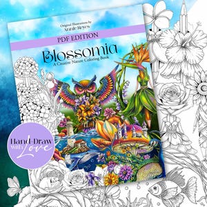 Puede incluir: Un libro para colorear colorido titulado "Blossomia" con un tema de naturaleza creativa. La portada presenta un búho, flores y un paisaje de fantasía. El texto "Hand-Draw with Love" está en un círculo morado.