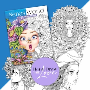 Op de afbeelding: Een zwart-witte kleurboekomslag met een meisje met bloemen in haar haar. De titel van het boek is "Nenas' World: Color, Relax, Inspire" door Ave Reyes. Het boek is te printen en bevat een PDF-editie.