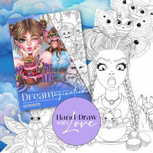 Op de afbeelding: Een zwart-witte kleurboekomslag met een meisje met vlinders in haar haar, een kat en een muis. De titel van het boek is "Dreamagination: Een kleurreis voor ontspanning en plezier".