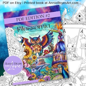 Puede incluir: Una colorida portada de libro para "Blossomia", un libro para colorear creativo sobre la naturaleza. La portada presenta un búho, flores y un pavo real. También se ve el texto "PDF EDITION #2" y "Hand-Draw with Love".