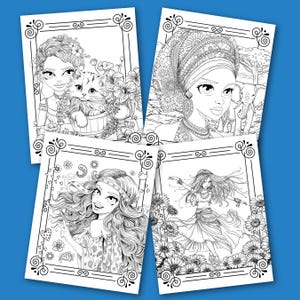 May include: Four black and white coloring pages featuring illustrations of women with different hairstyles and clothing. The illustrations are detailed and intricate, with a variety of patterns and designs.