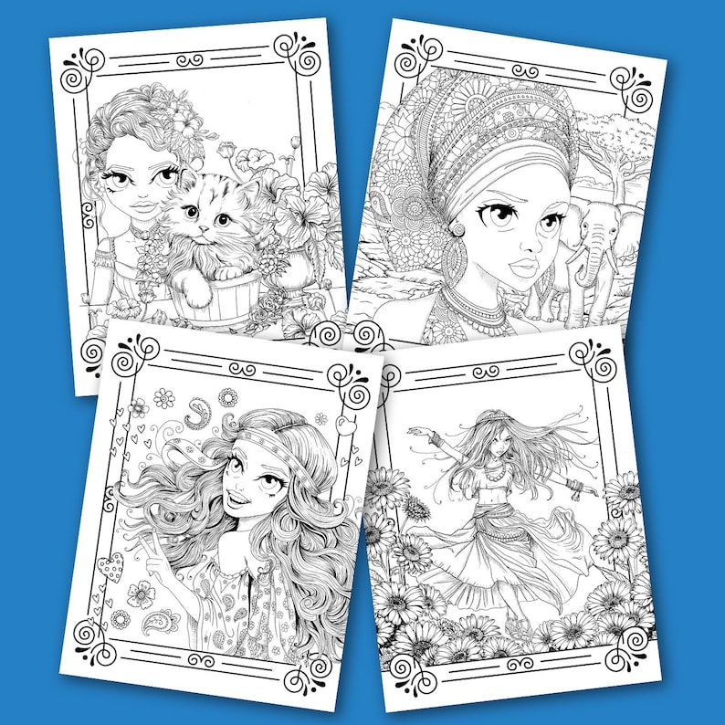 May include: Four black and white coloring pages featuring illustrations of women with different hairstyles and clothing. The illustrations are detailed and intricate, with a variety of patterns and designs.