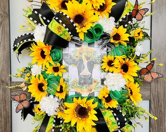 Spring Wreath, summer wreath, everyday wreath, door hanger, front door hanger, sunflower wreath, cow wreath, sunflower decor, cow decor