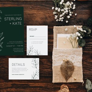Dark Green Wedding Invitation Suite | Modern Boho Wedding Invite | Editable Printable Wedding Invite | Modern Wedding Suite Canva Invitation