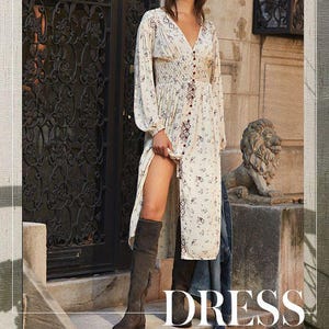 NWT Free People WILDFLOWERS geborduurde maxi-jurk met lange mouwen en v-hals crème LG afbeelding 1