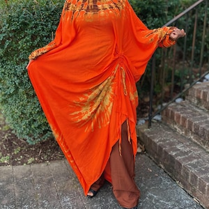 Orange Tie-Dye Kaftan Set - Orange und Braun Lange Side Gather Top mit Hose Set