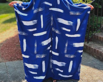 Blue and White Oversized Front Slit Maxi Kaftan Dress