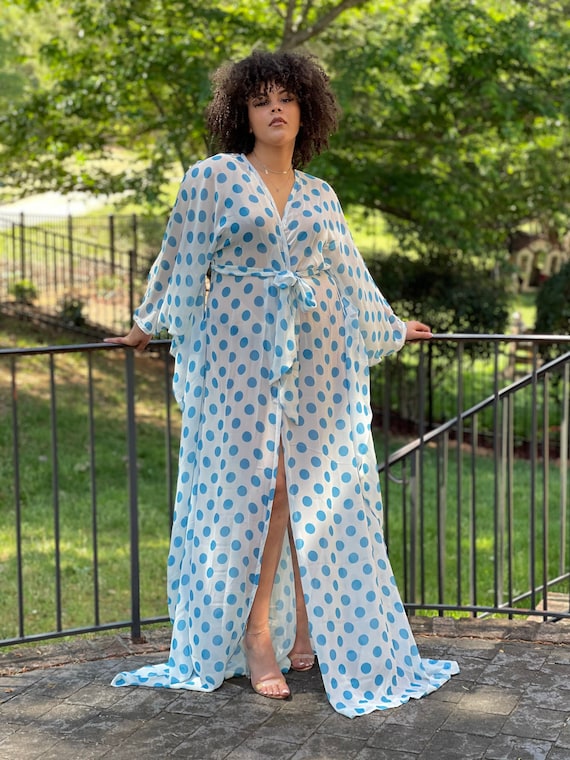 Blue and White Polka Dot Print Sheer Chiffon Tie Front Robe V neck Maxi Kaftan Dress Etsy UK