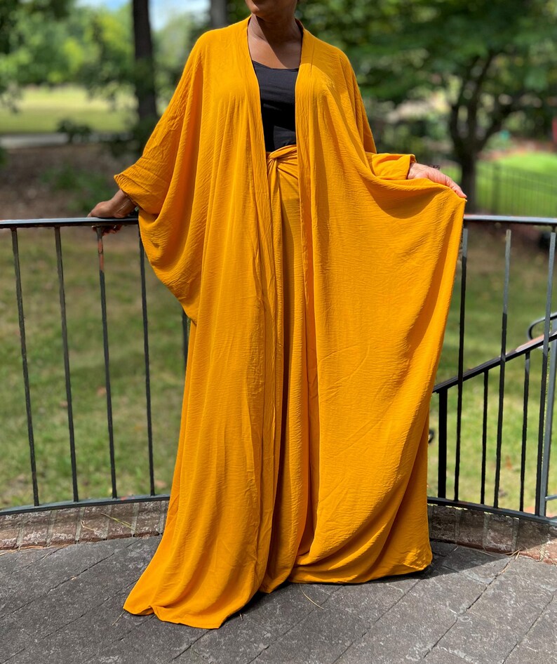 Mustard Yellow Robe Vibrant Mustard Yellow Oversized Crepe Maxi Cardigan and Wrap Skirt Set ...