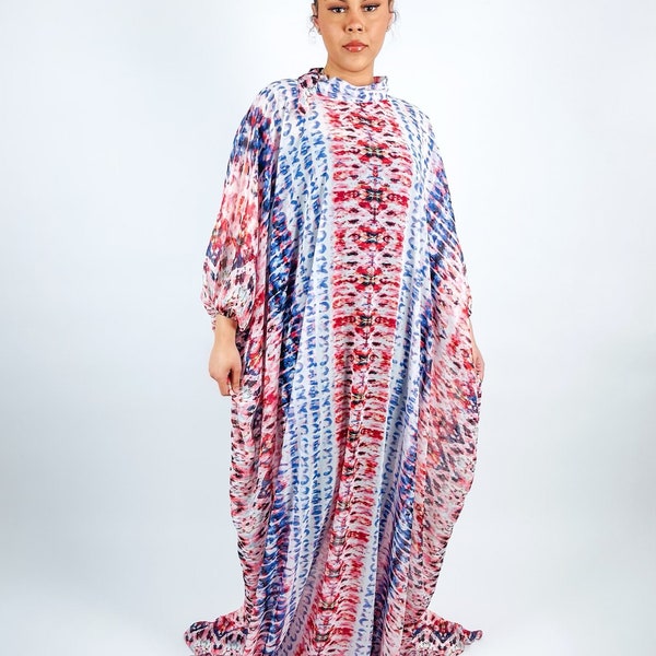 Multicolor Boho Print Collared Mock Neck Maxi Sheer Chiffon Kaftan Dress