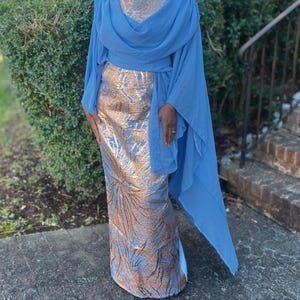 Elegant Blue and Gold Metallic Handmade Maxi Evening Gown with Draped Cape