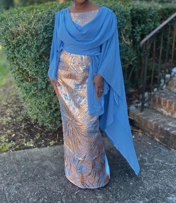 Two Piece Blue and Gold Metallic Handmade Maxi Evening Gown With Draped  Cape - Etsy