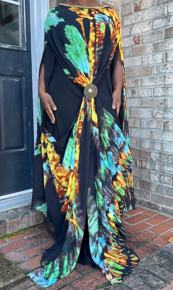 Black Multicolor Chiffon Crepe Twist Front Asymmetrical Maxi Kaftan Dress -  Etsy