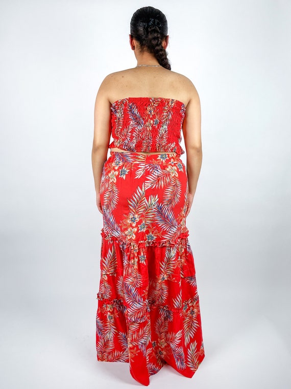 red floral two piece dress Maxi Skirt Red Two Piece Skirt Set JB Boutique Red Floral Ruffled Crop Top And Maxi