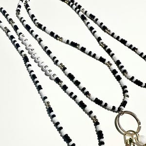 White, Black, Gold Seed Bead Teacher Lanyard - Personalizable with Name - 4mm Beads