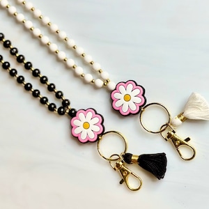 Black, White, Pink Flower Beaded Teacher Lanyard - Personalized/Customized
