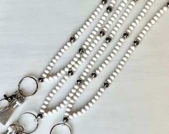 White + Silver Disco Ball Teacher Lanyard Beaded