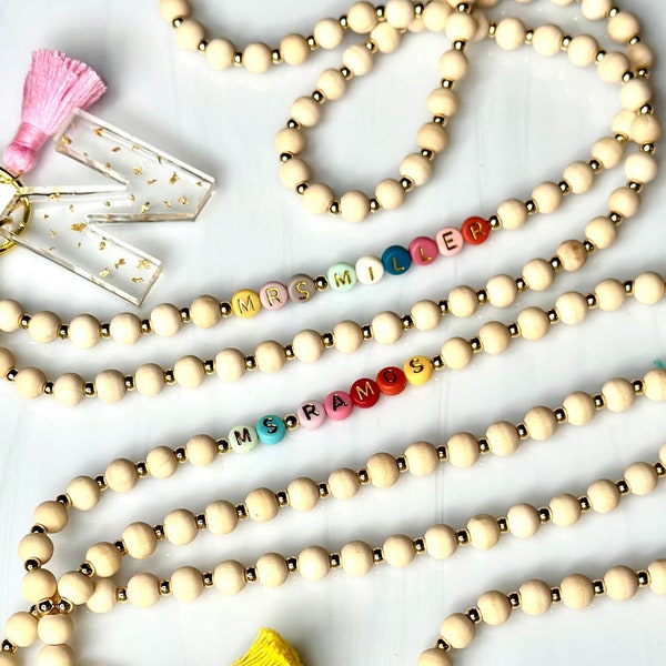 Wooden + Gold + Colorful Letter Beads Teacher Lanyard