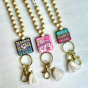Cordón de madera y cuentas doradas para maestros - Cordón de cuentas Groovy Teacher Era personalizable