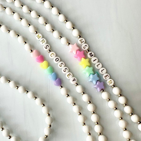 White + Gold + Pastel Teacher Lanyard Personalized and Customizable