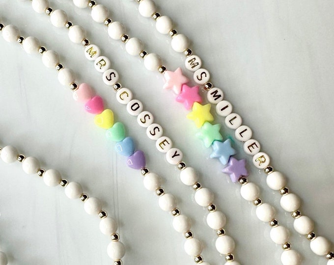White + Gold + Pastel Teacher Lanyard Personalized and Customizable