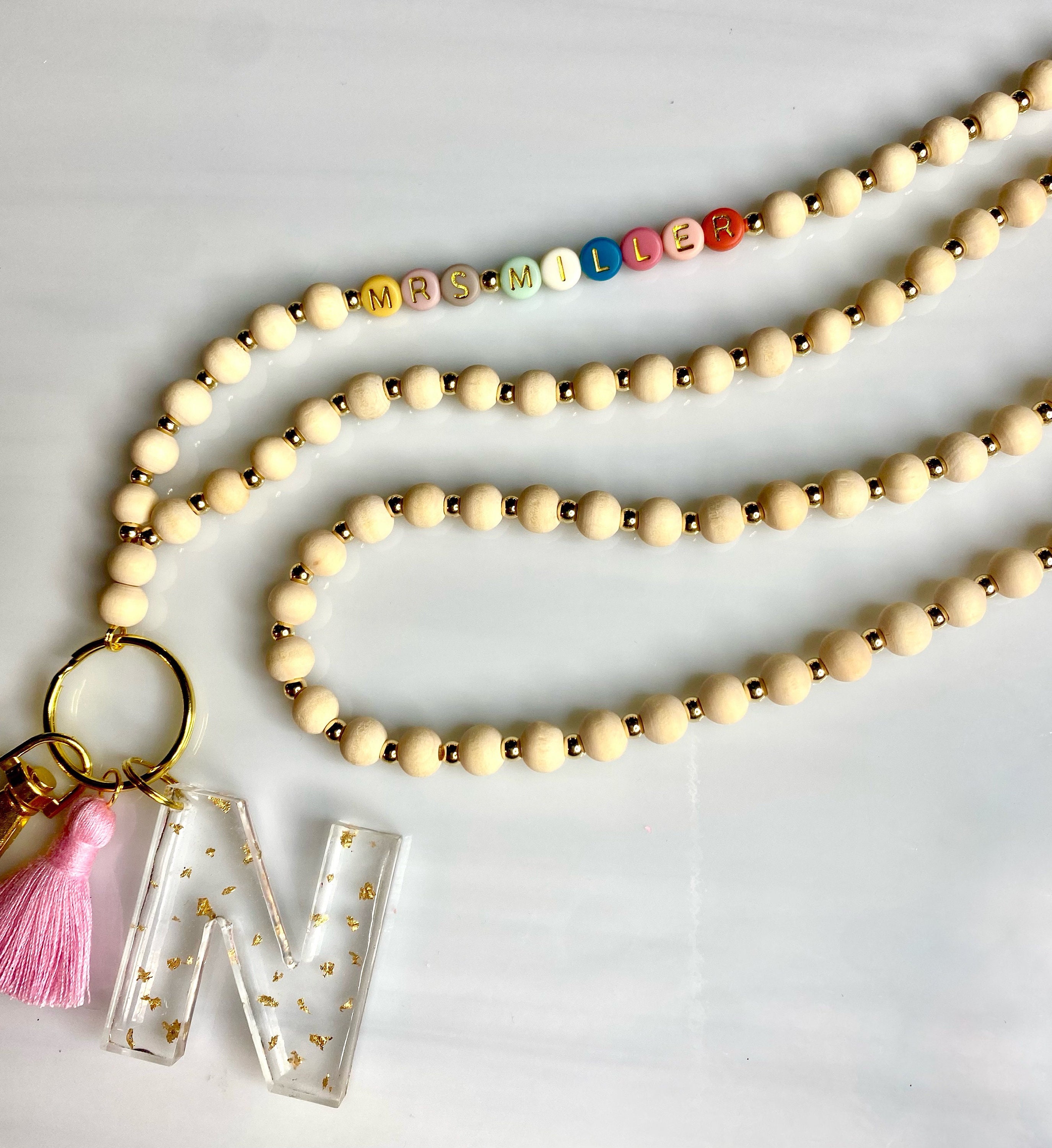 Wooden Gold Colorful Letter Beads Teacher Lanyard Etsy