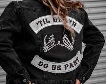 Customizable 'Til Death Do Us Part Distressed Jean Jacket, Wedding Jacket, Jean Jacket, Jacket with Patches, Bachelorette, Rock and Roll