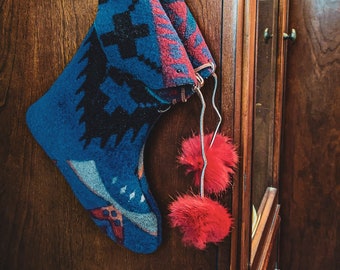 Pendleton Wool Stockings, Christmas Stockings, Authentic Pendleton Wool, Rabbit Fur Pompom, Holiday Stockings, Western, Rustic, Handmade
