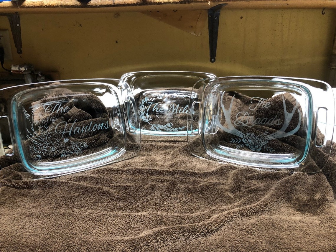Custom Etched Pyrex Dish With Lid, Wedding Gifts, Clear, Glass Pyrex ...