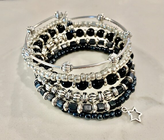 Silver & black beaded wrap bracelet
