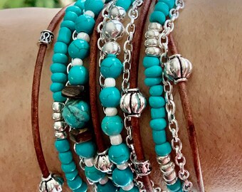 Turquoise & Leather Wrap Boho Bracelet/Necklace