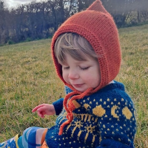 May include: A child wearing a blue and yellow knitted jumper with a red knitted hat. The child is sitting in a field of green grass.