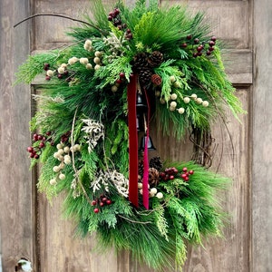 Large woodsy winter wreath, rustic holiday wreath, Christmas wreath with bells, faux pine wreath, natural faux winter wreath, cedar wreath
